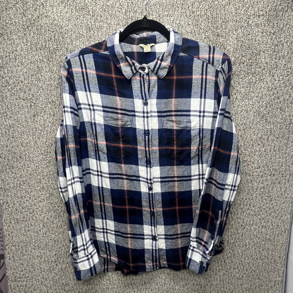 Woolrich Womens Flannel Shirt XL Blue Gray Plaid Long Sleeve Thermal Outdoor